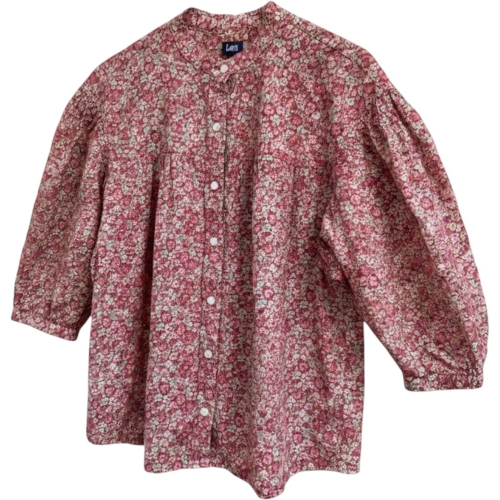 Lee Womens Pink Floral Puff Sleeve Button Down Blouse Band Collar Cotton Small